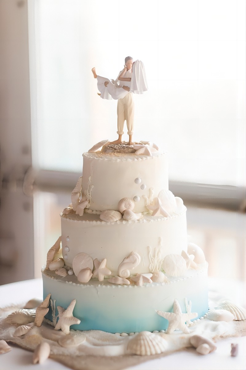Powder Blue and Starfish Beach Wedding Cake