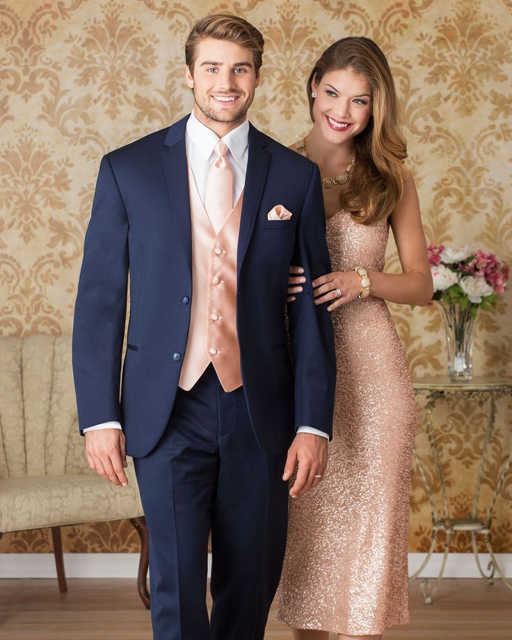 Rose Gold Glitter Bridesmaid Dress and Navy Groomsmen Suit