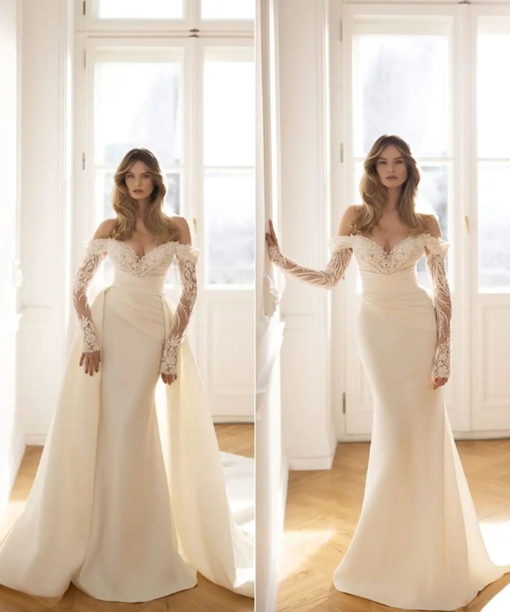 beaded off the shoulder long sleeves and mermaid satin bridal dress with overskirt