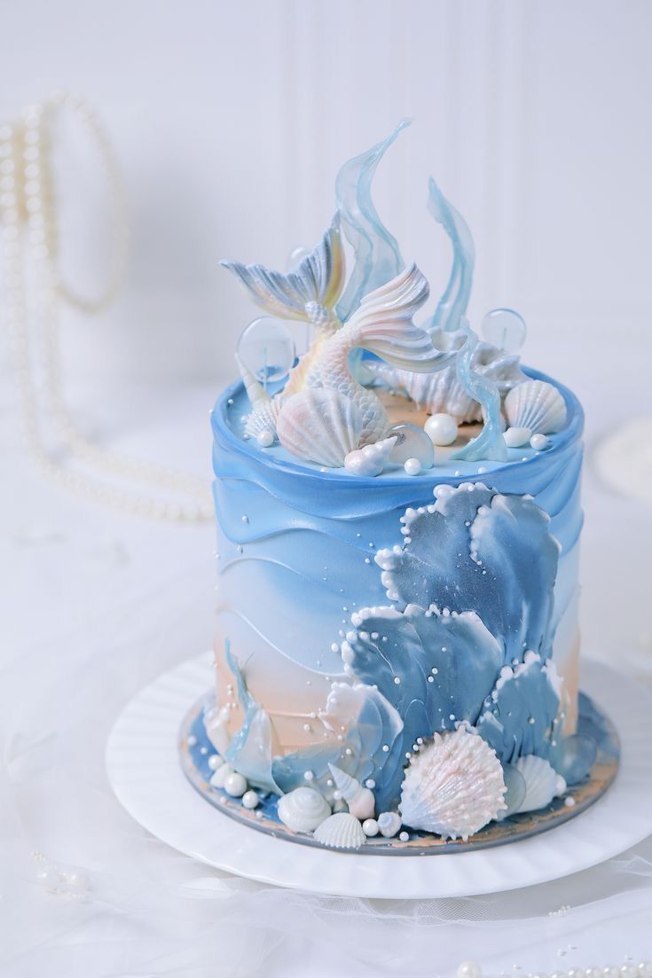 blue mermaid beach wedding cake