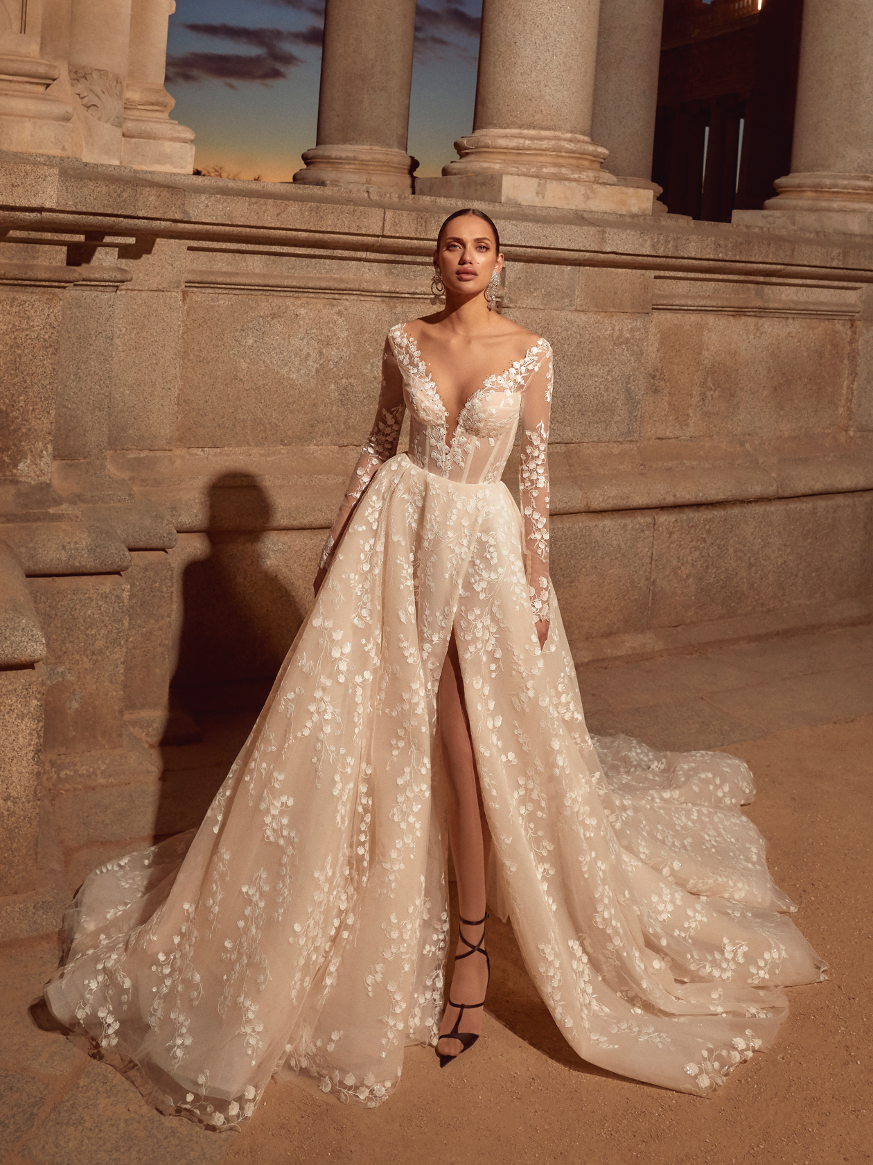 champagne deep v corset long sleeve wedding ball gown