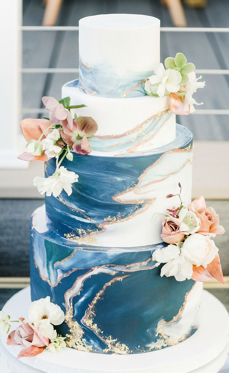 four tier marble blue modern beach wedding cake