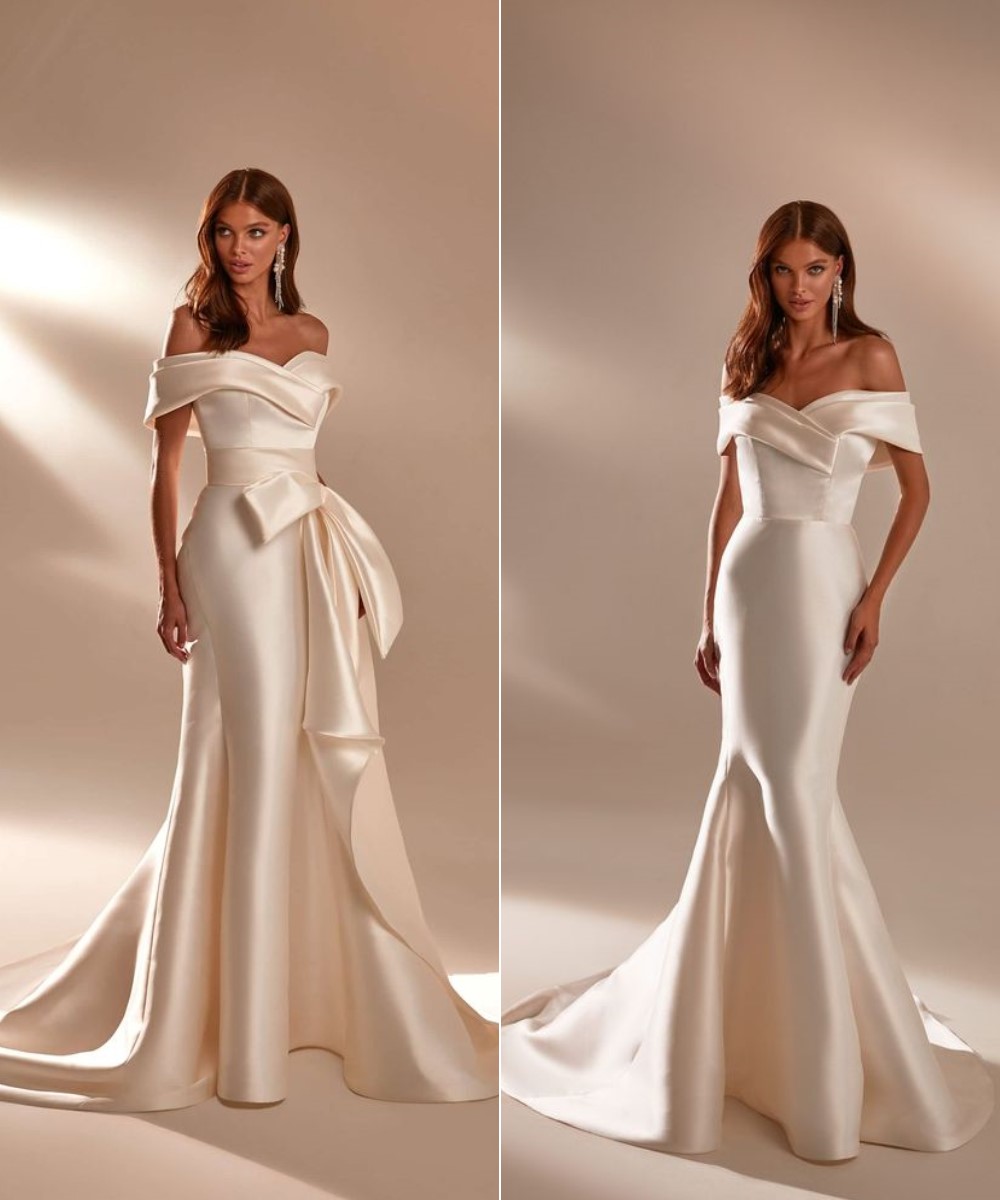 mermaid off-the-shoulder satin wedding gown with heart-shaped neckline