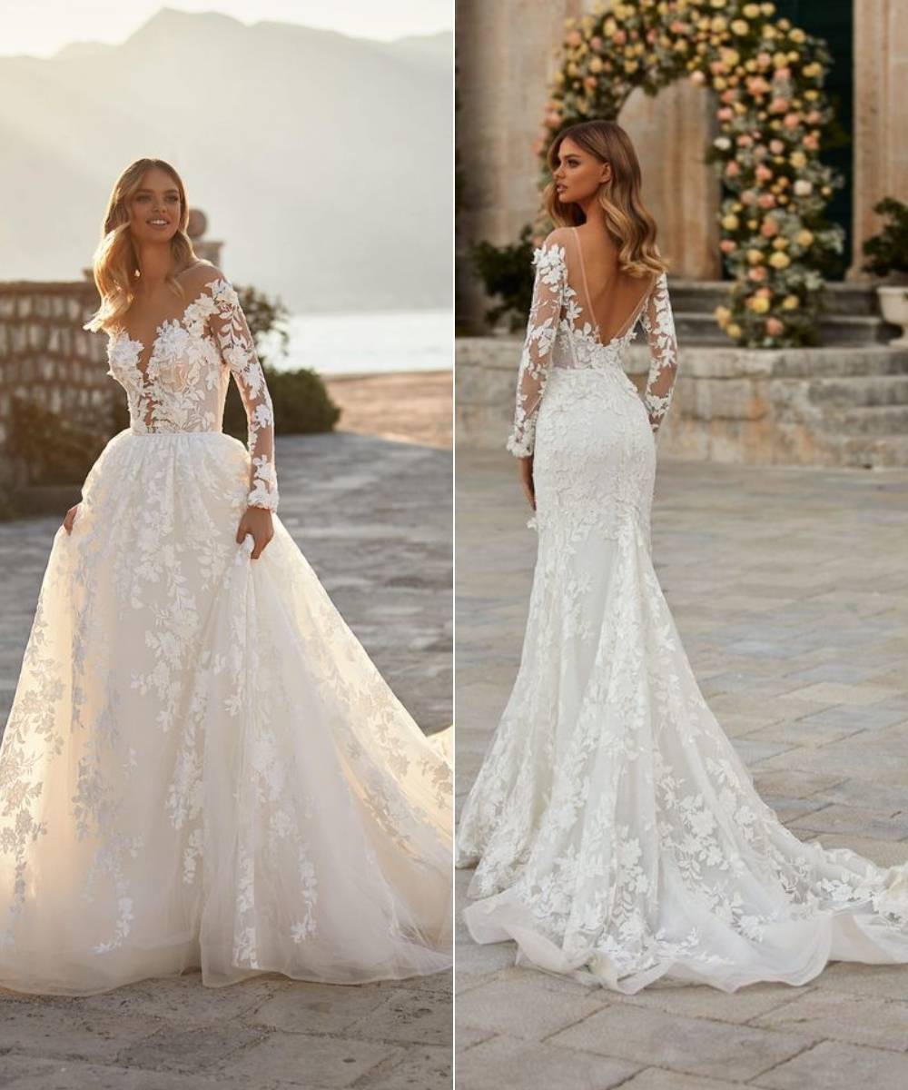 open back mermaid long sleeves lace wedding dress with overskirt Milla Nova abri