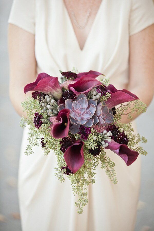 plum calla lily and succulent rustic wedding bouquet