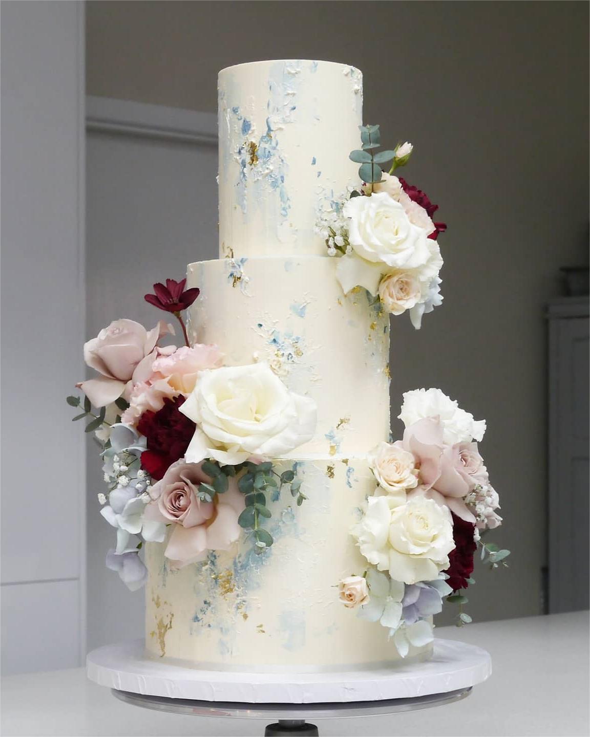 romantic floral wedding cake with light blue and gold gold foil texture via romaticalcakemy