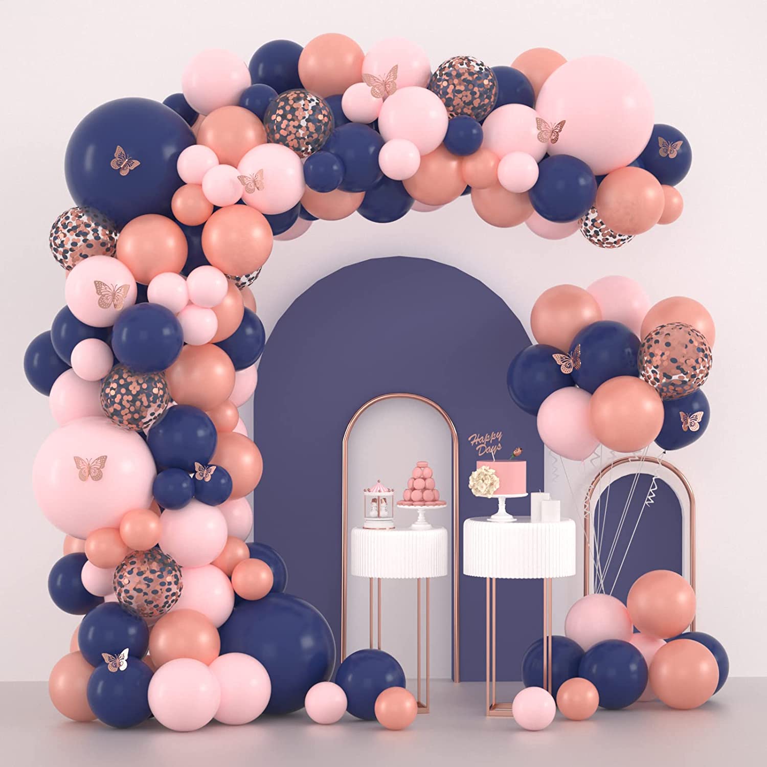 rose gold and navy balloon backdrop