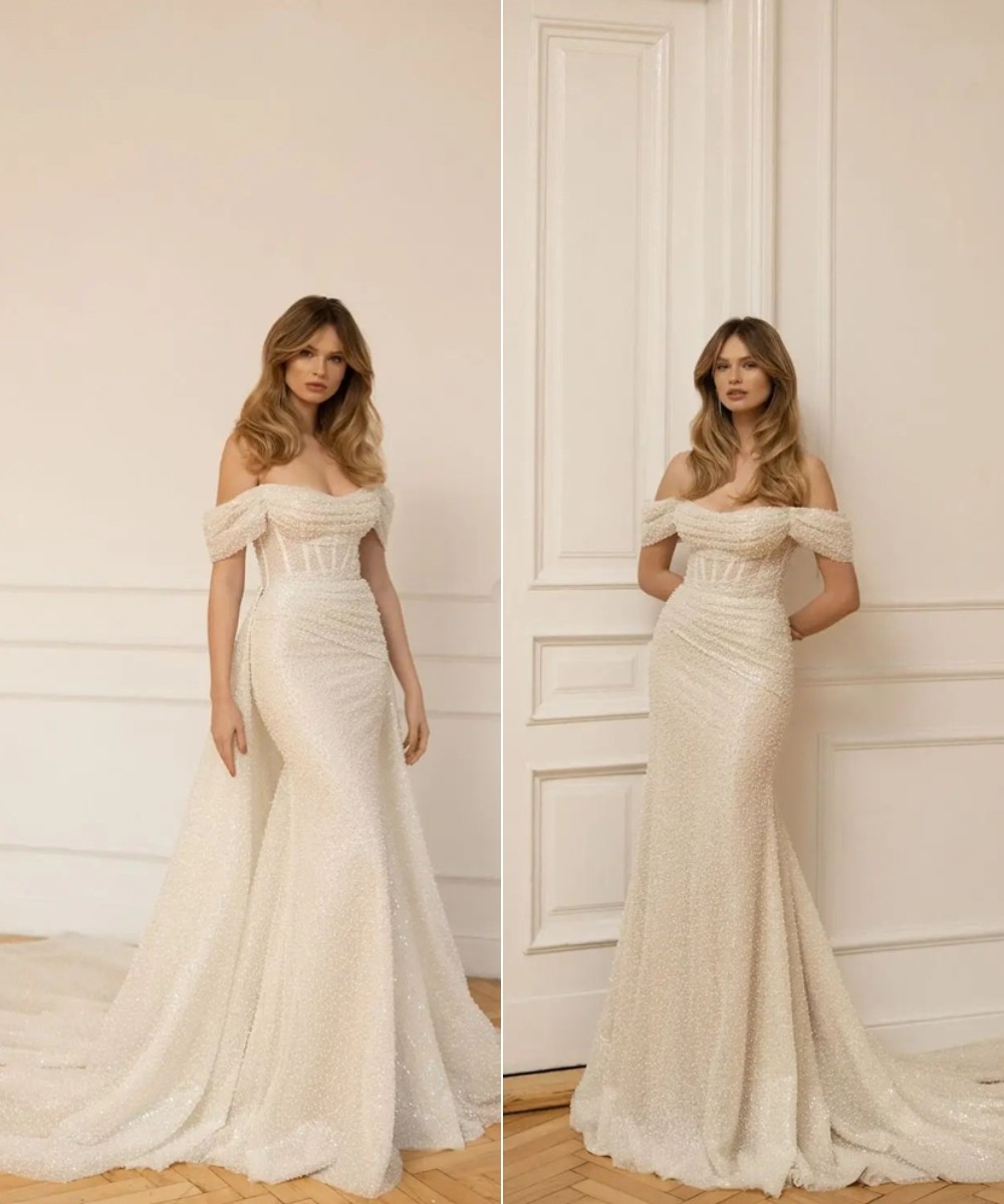 sequined off the shoulder fit and flare wedding dress with overskirt