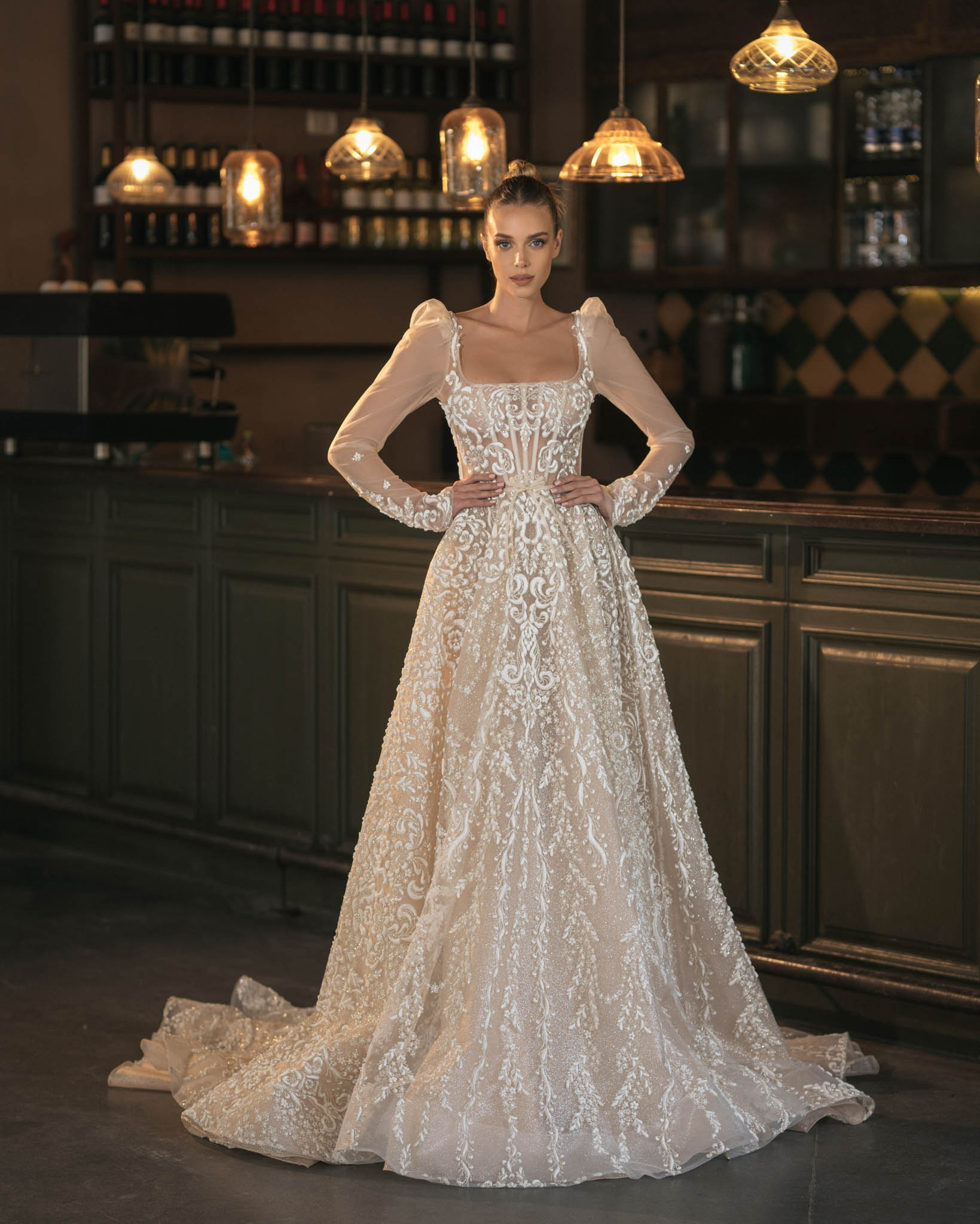 square neck wedding dress with long sleeves berta