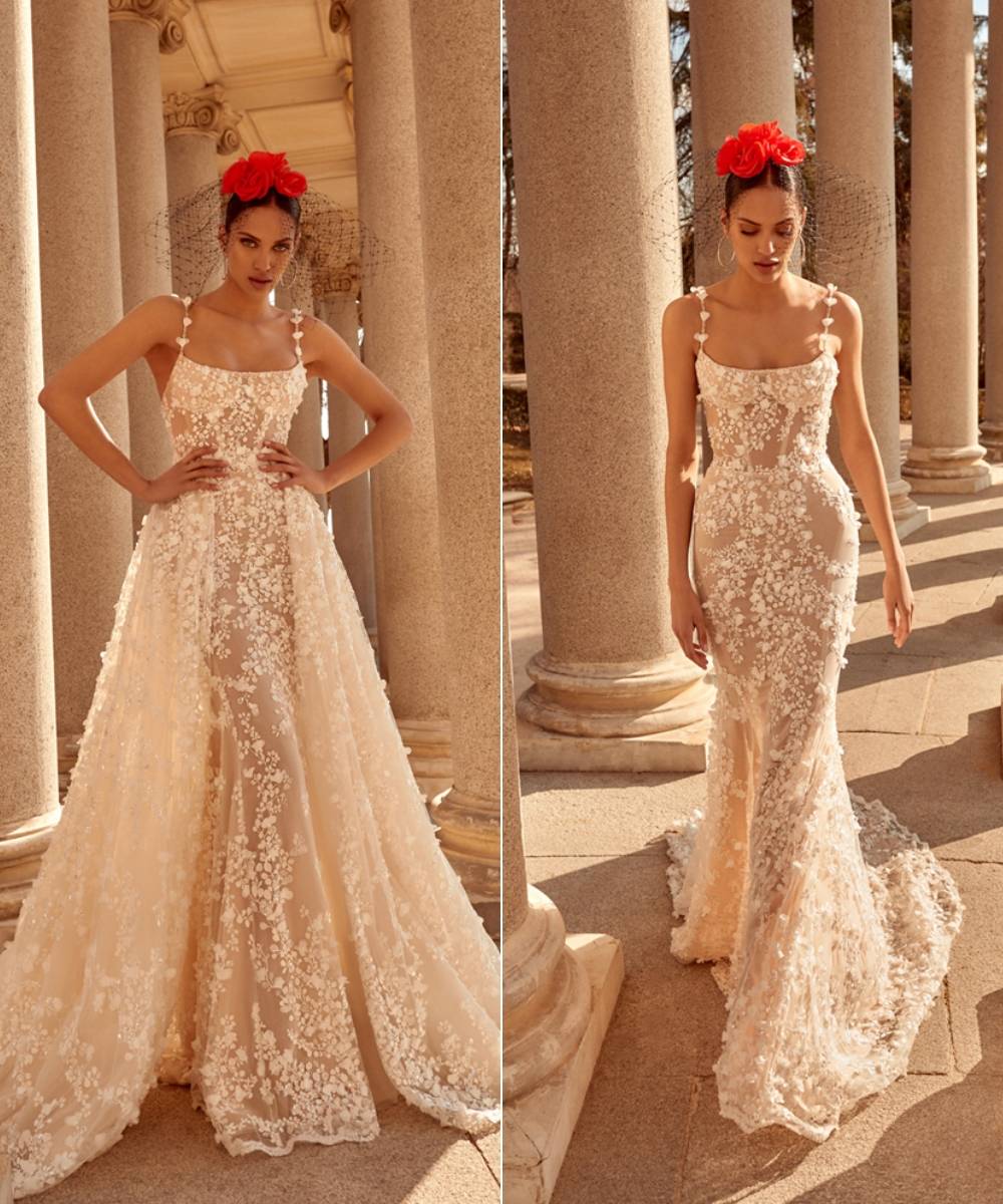 straight neckline fit and flare floral wedding dress with overskirt GALIA_LAHAV