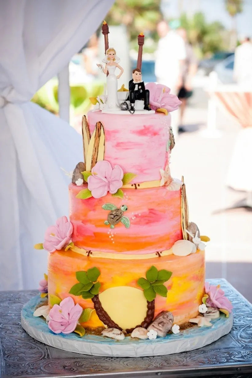 sunset tropical beach wedding cake