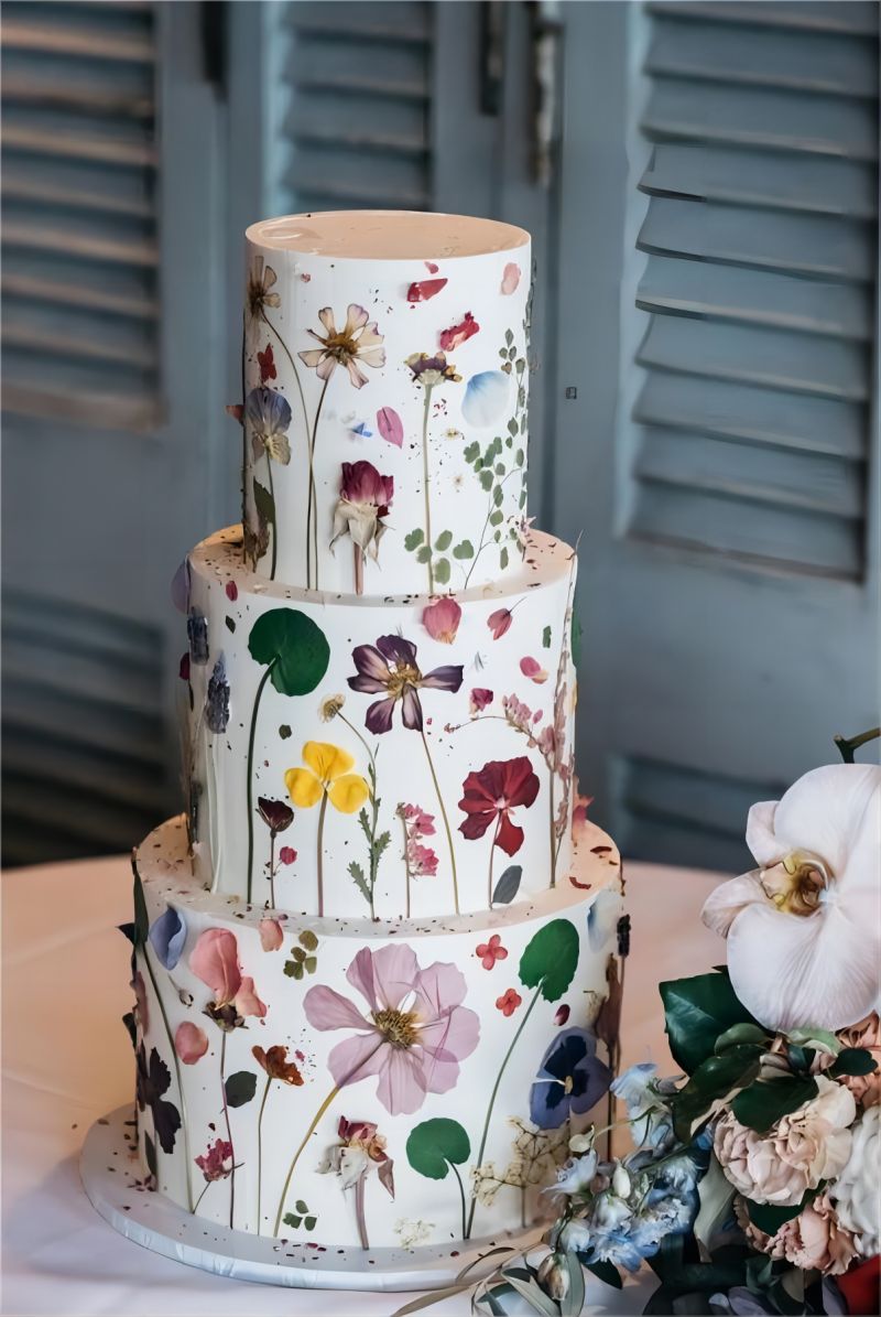 3 tier country backyard wildflower cover wedding cake via alcakemy