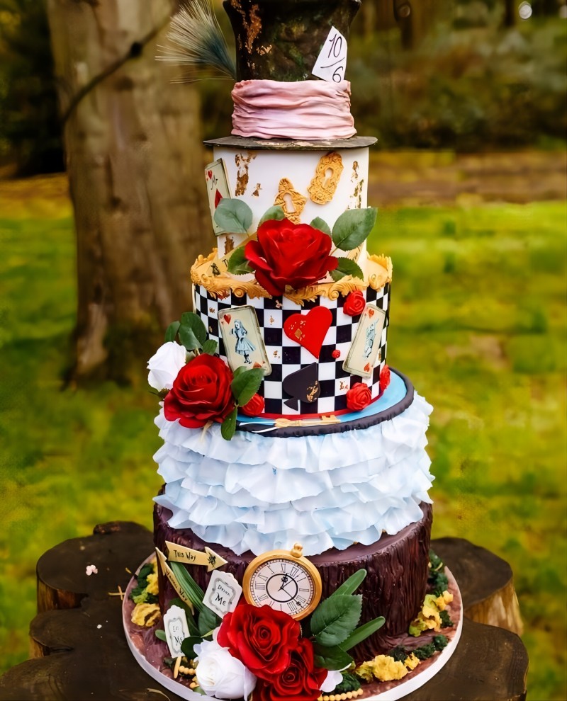Alice in Wonderland themed gothic wedding cake