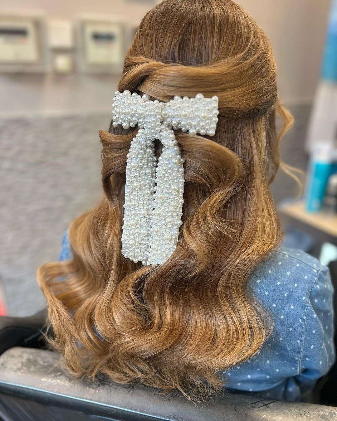 Half up half down homecoming hairstyle with pearl bow via hair_by_matt
