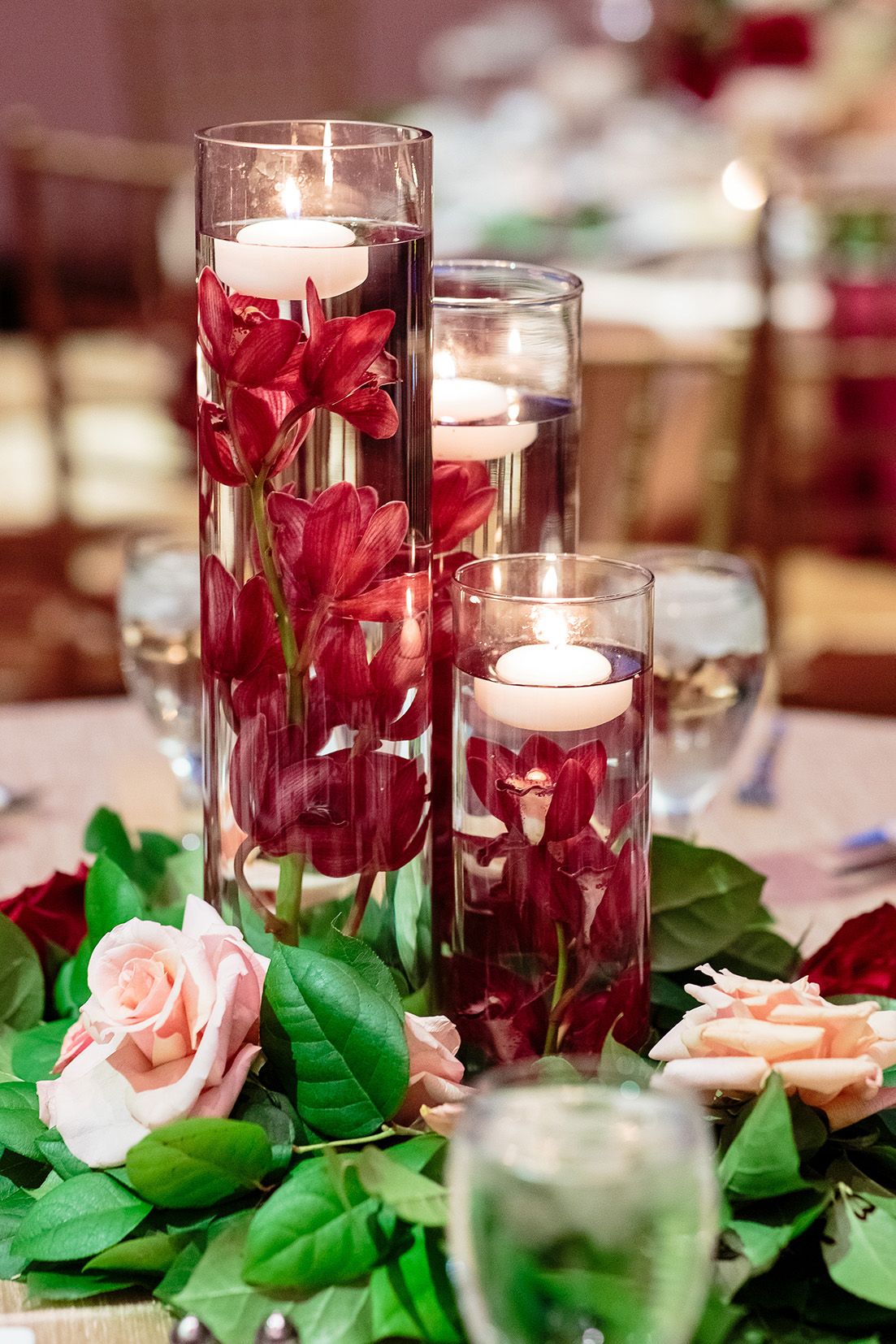 Simple Floating Burgundy Fall Wedding Centerpiece