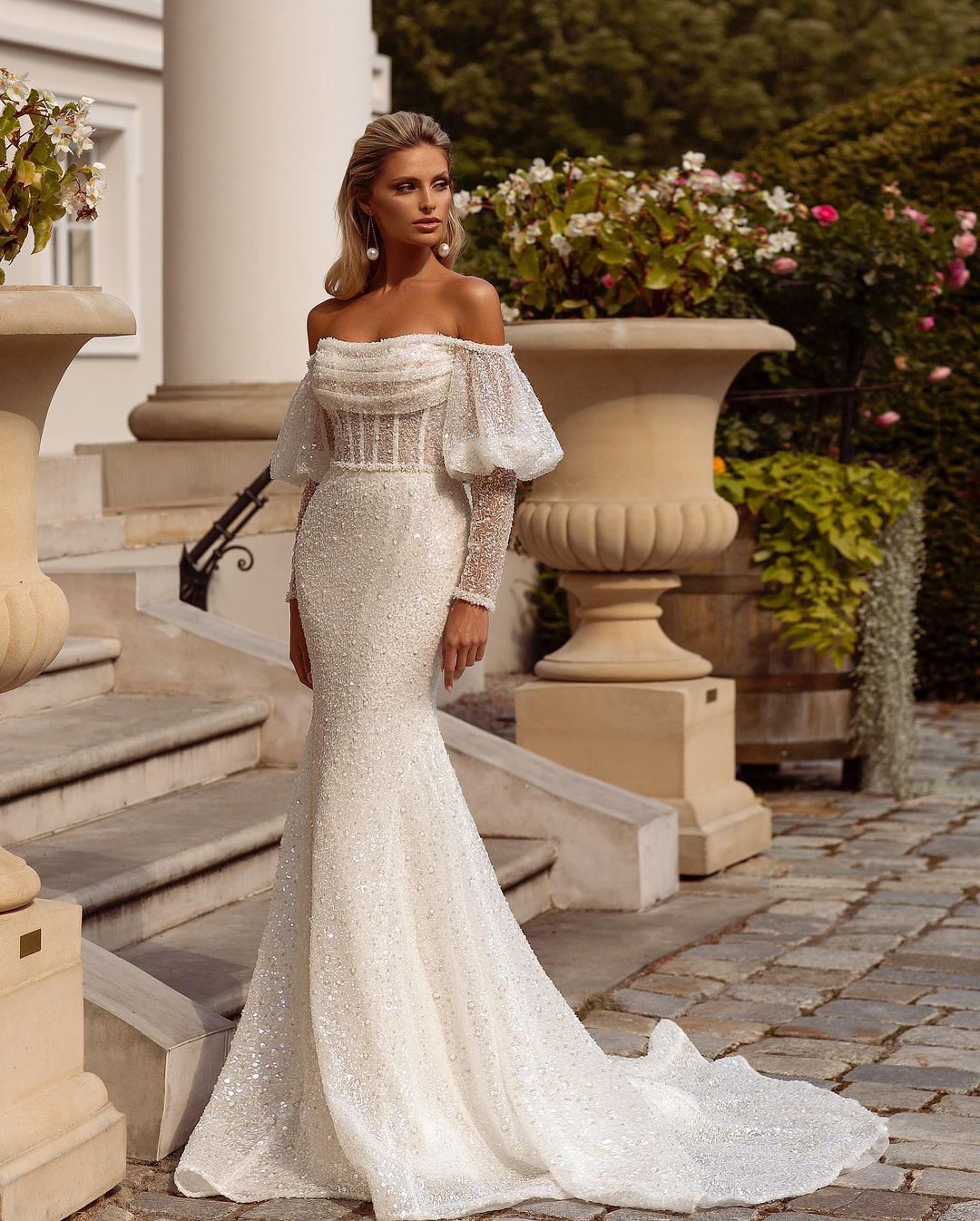 beaded puff sleeves off the shoulder fit and flare wedding dress via royaldiofficial