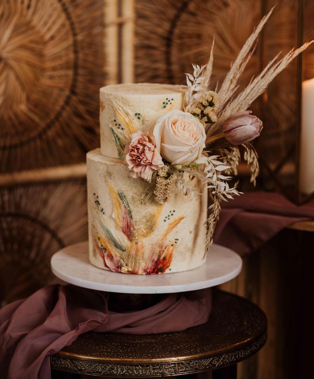 bohemian earth tone wedding cake with sugarplumbakeskingston