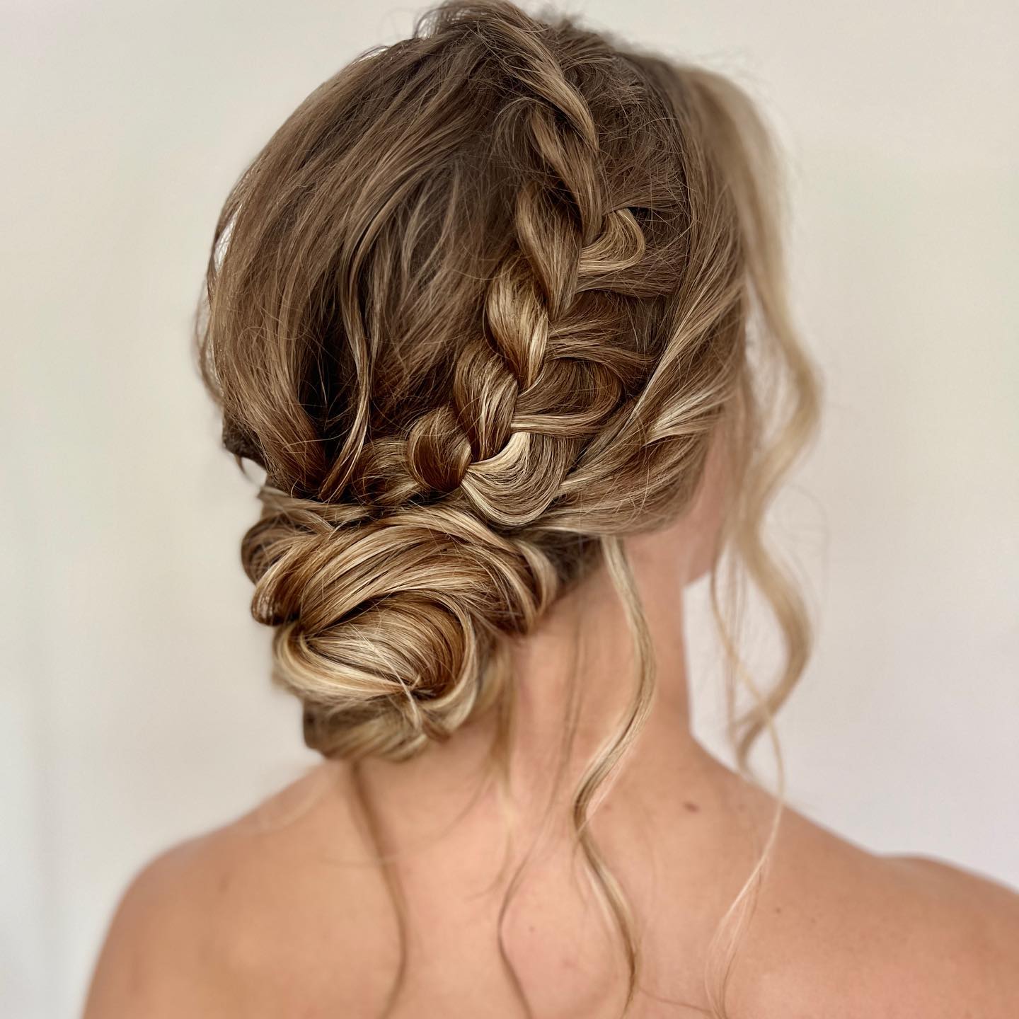 braided crown boho bridesmaid updo hairstyle via shannonsarabridalhair