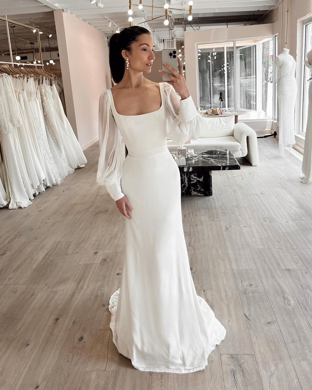 chic simple long sleeves fit and flare wedding dress via lovelybride