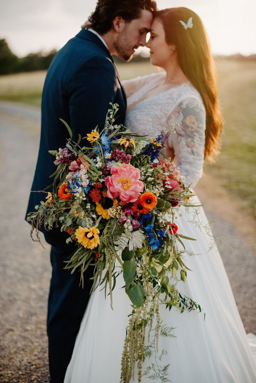 colorful bohemian summer cascading wildflower wedding bouquet