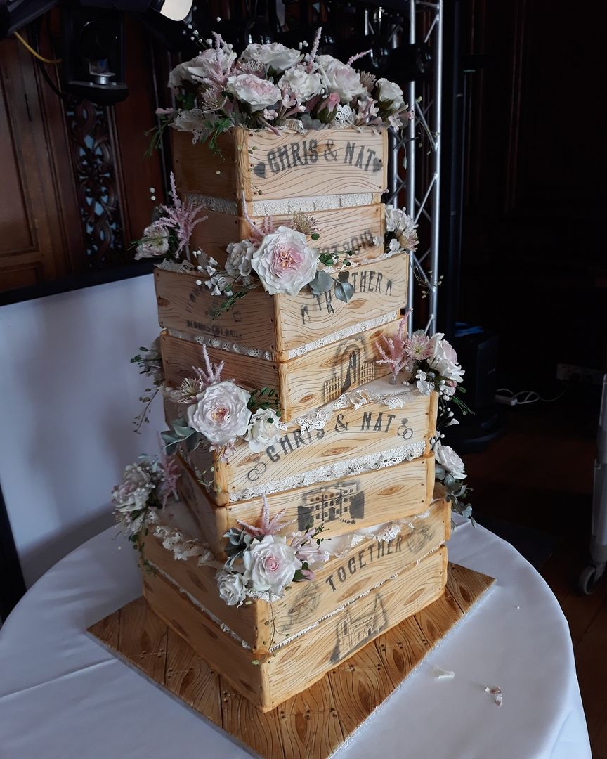 country 4 tier square box wedding cake with flowers via katysuedesignscakes