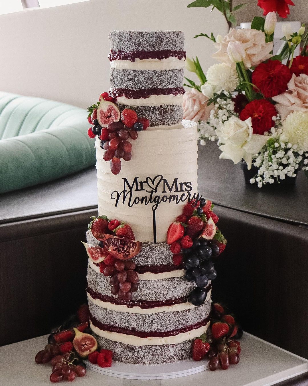 country red velvet wedding cake with red fruits via milkandhoney.cakecreative