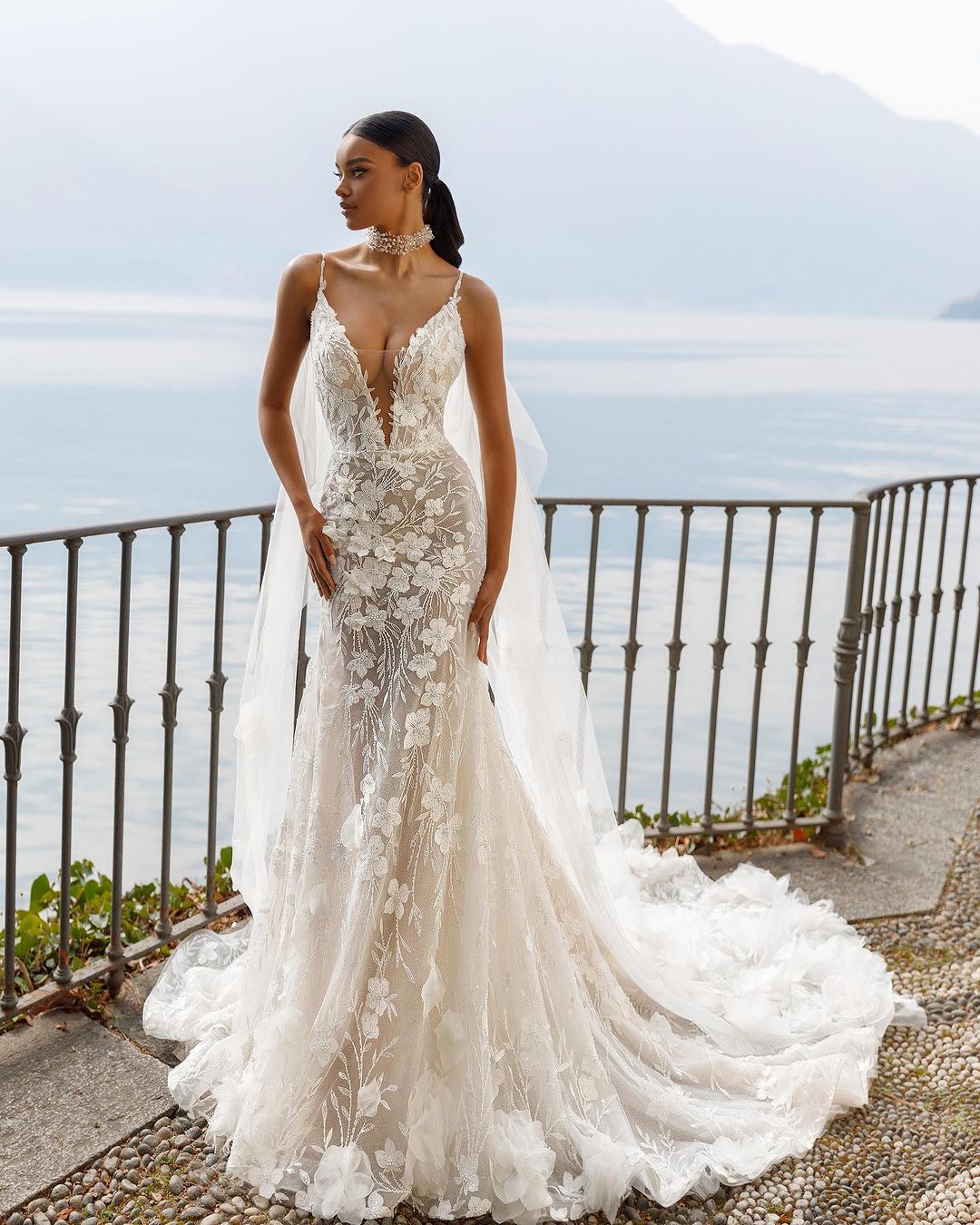 fit and flare lace v-neck bridal dress via oksana_mukha_official
