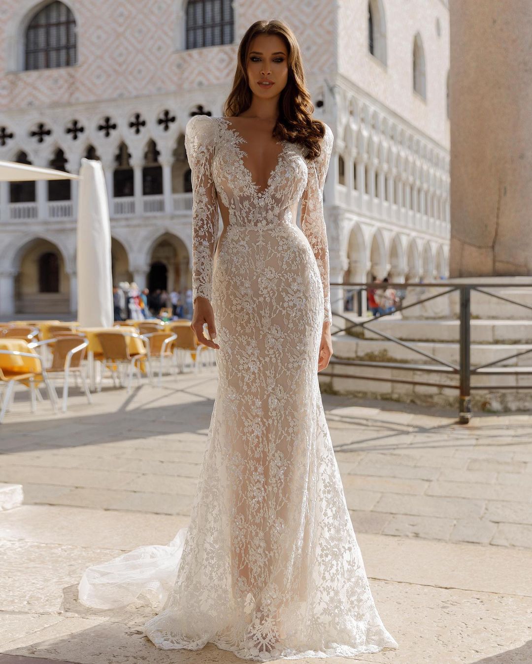 long sleeves lace fit and flare wedding dress