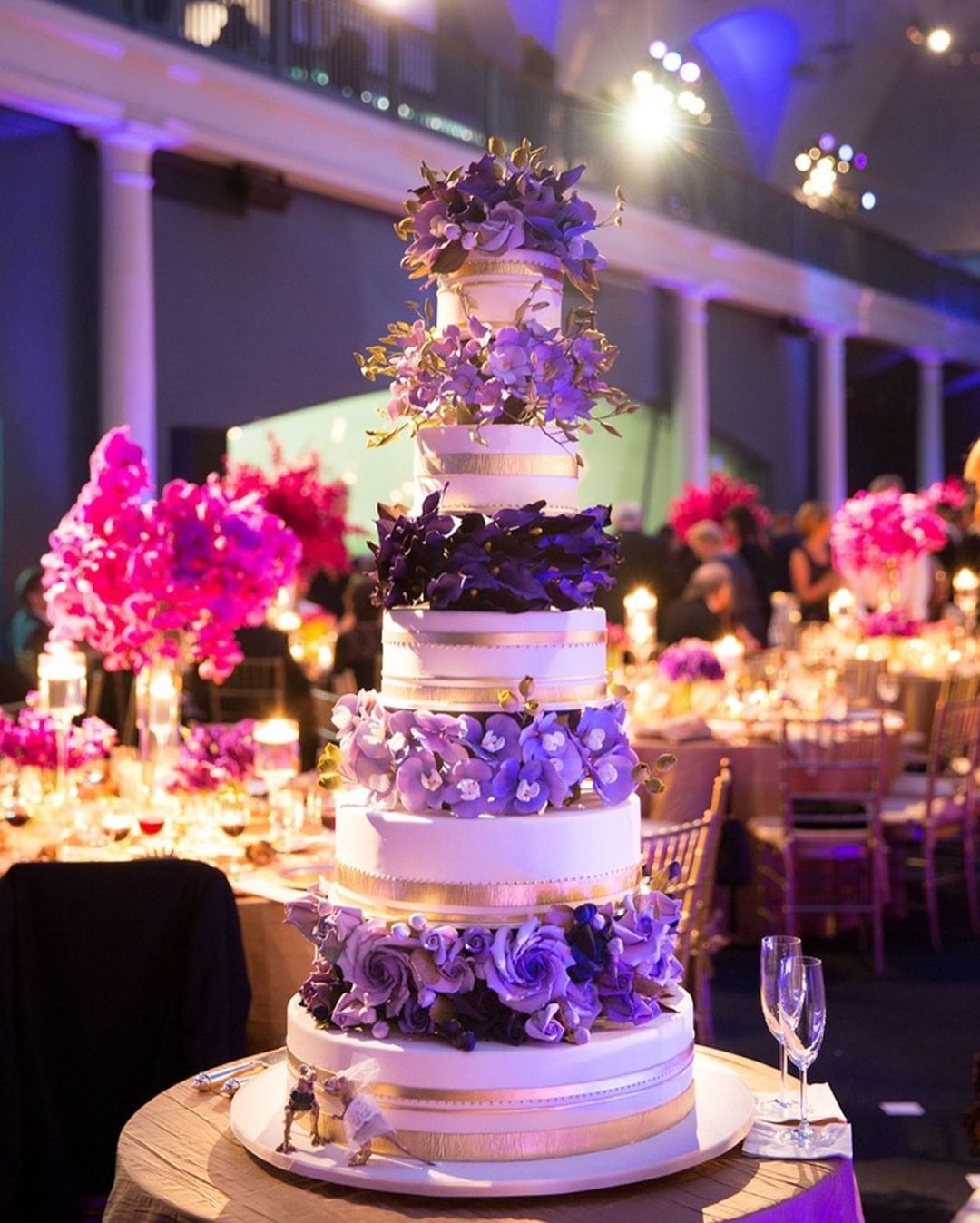 luxury big 5 tier wedding cake with purple sugar flowers via rbicakes
