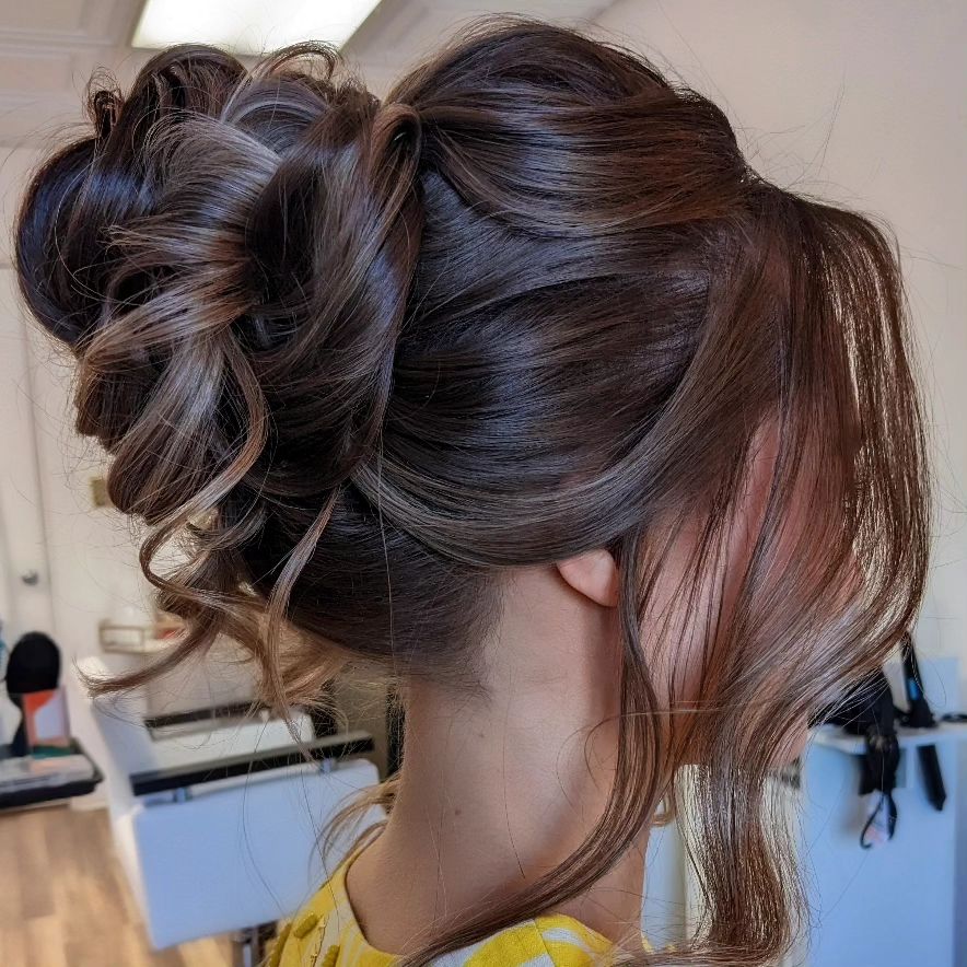 mesy high bun bridesmaid updo hairstyle via sarahwhair