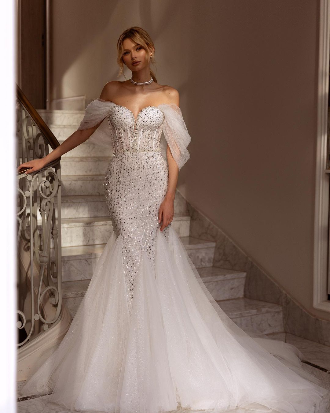 off the shoulder fit and flare beaded and tule wedding dress via royaldiofficial