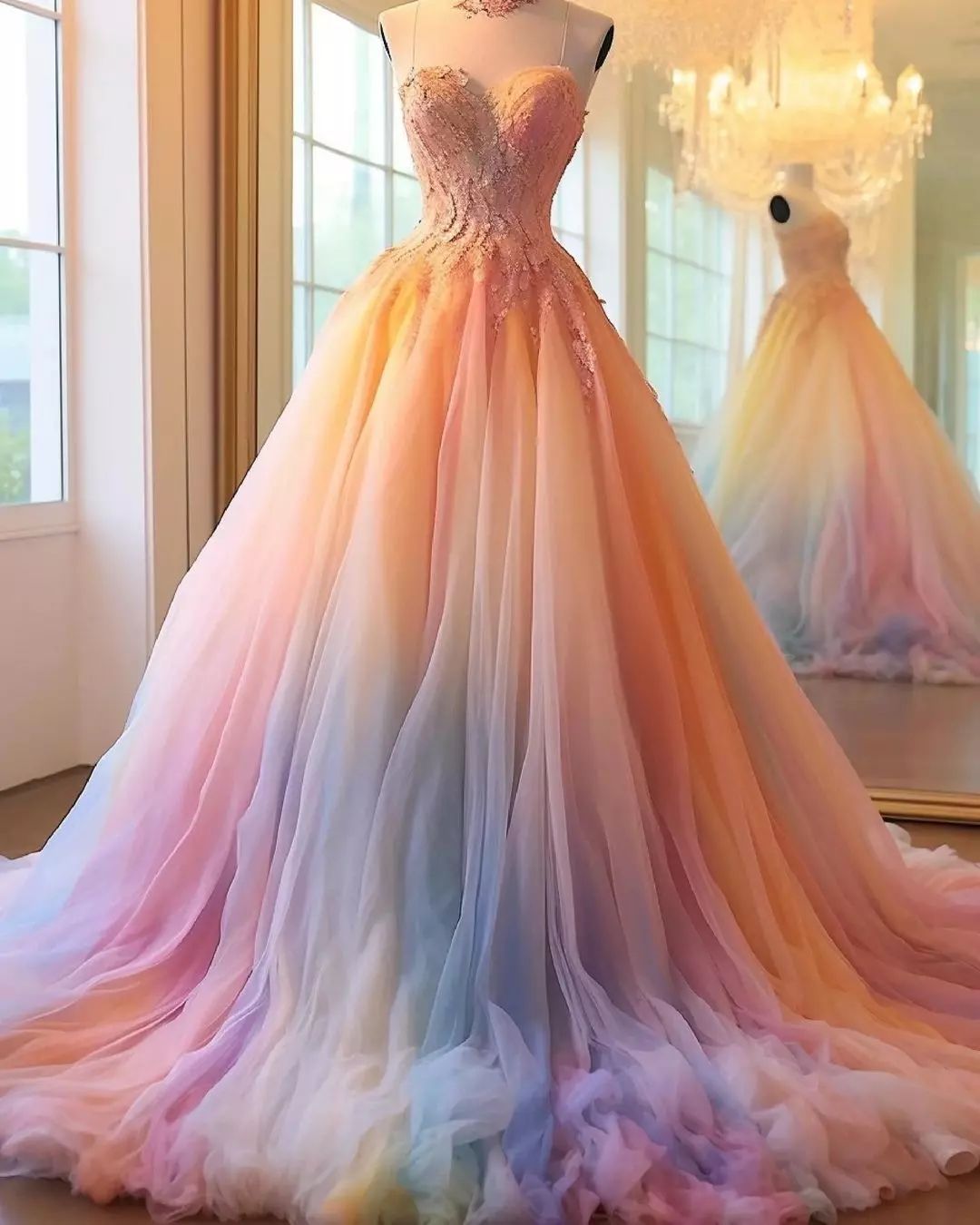 pastel rainbow strapless sweetheart tulle wedding dress