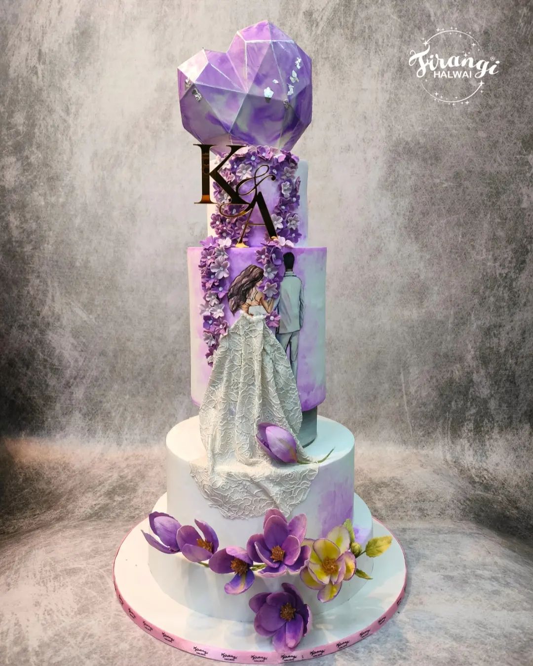 purple 3d bridal dress wedding cake with sugar magnolia via firangihalwai