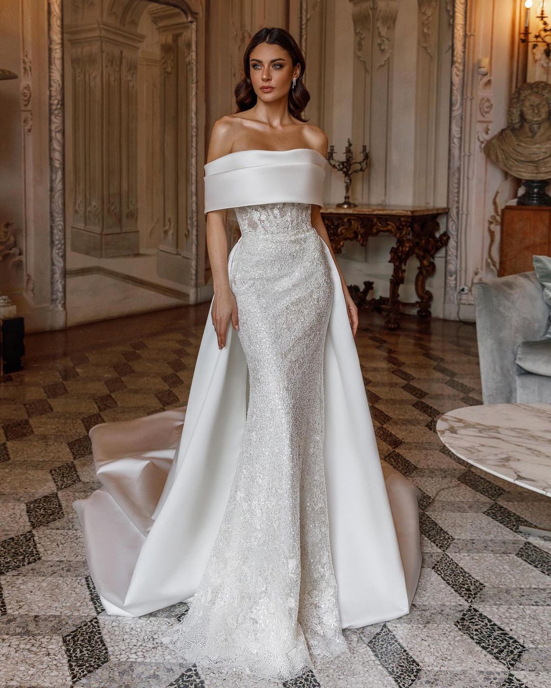 satin beaded fit and flare wedding dress with removable skirt via oksana_mukha_official