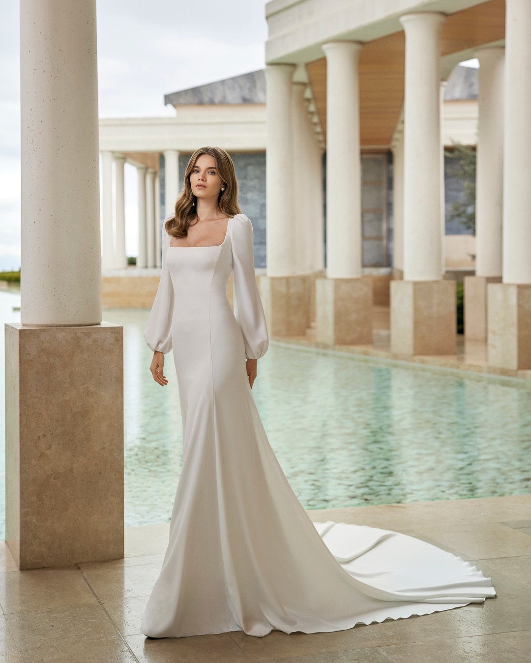 simple chiffon fit and flare bridal dress with long sleeves via rosa_clara