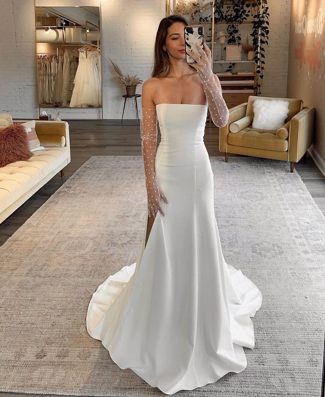 strapless simple satin fit and flare wedding dress via sarahseven