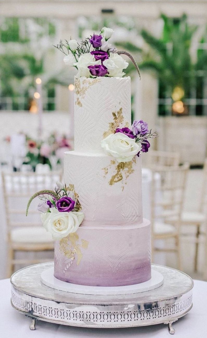 three tier ombre purple wedding cake with gold foil