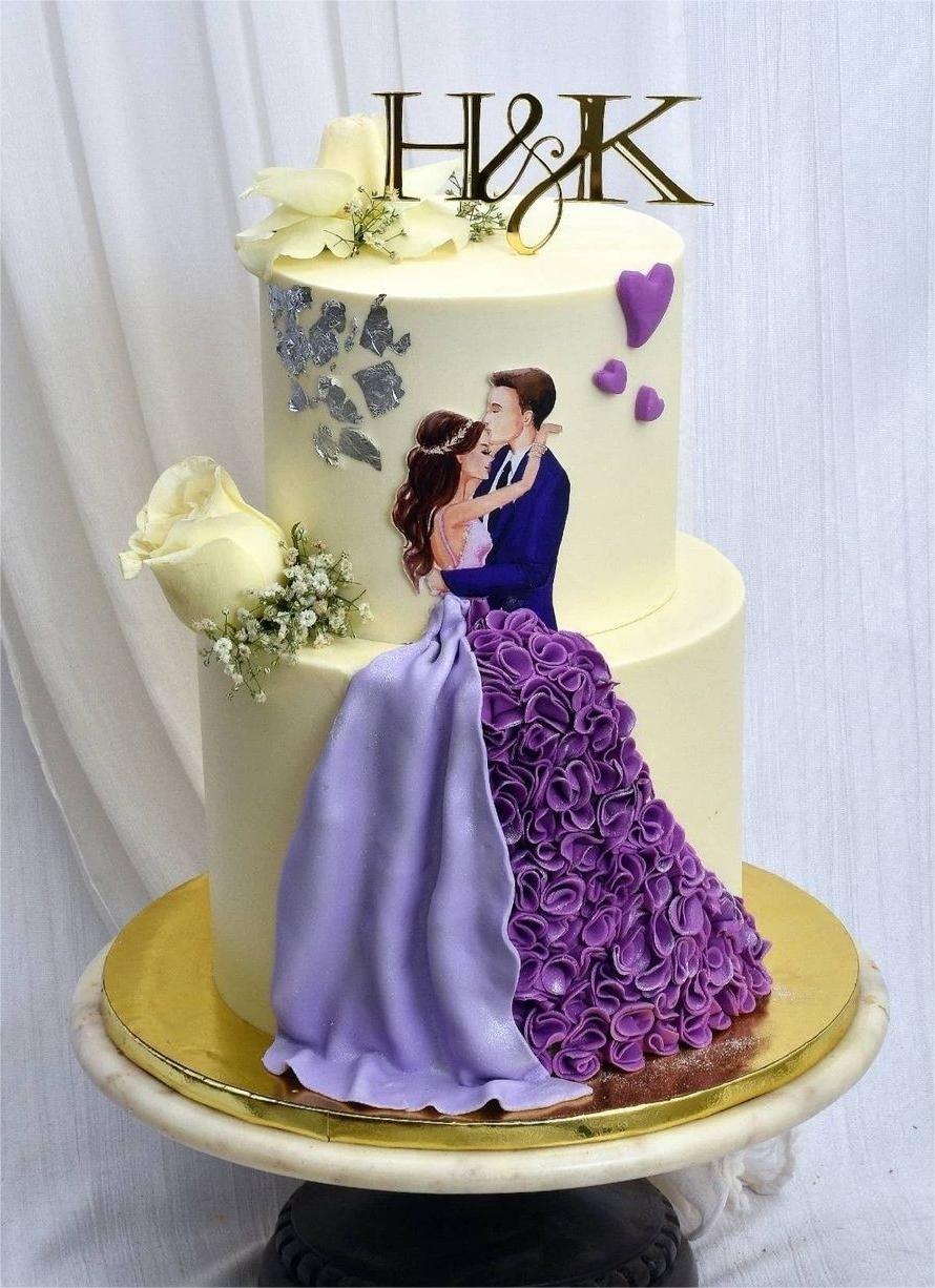 two tier 3d bride in purple wedding dress wedding cake