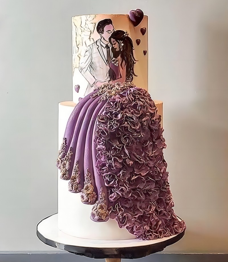 vintage 3d bride in purple wedding dress wedding cake