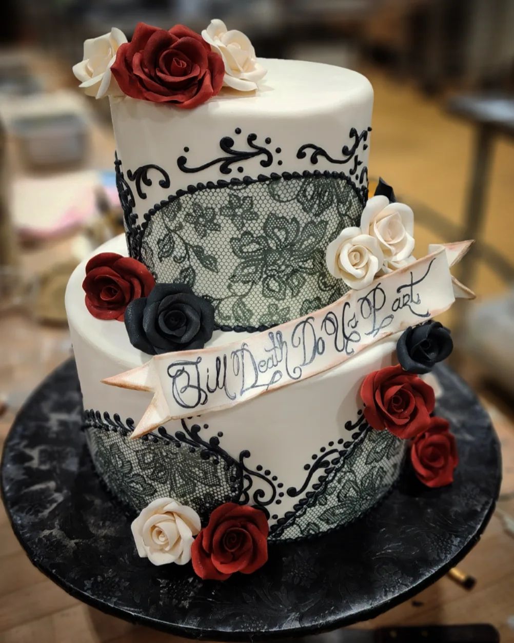 vintage gothic black lace with red flowers wedding cake via topsfieldbakeshop