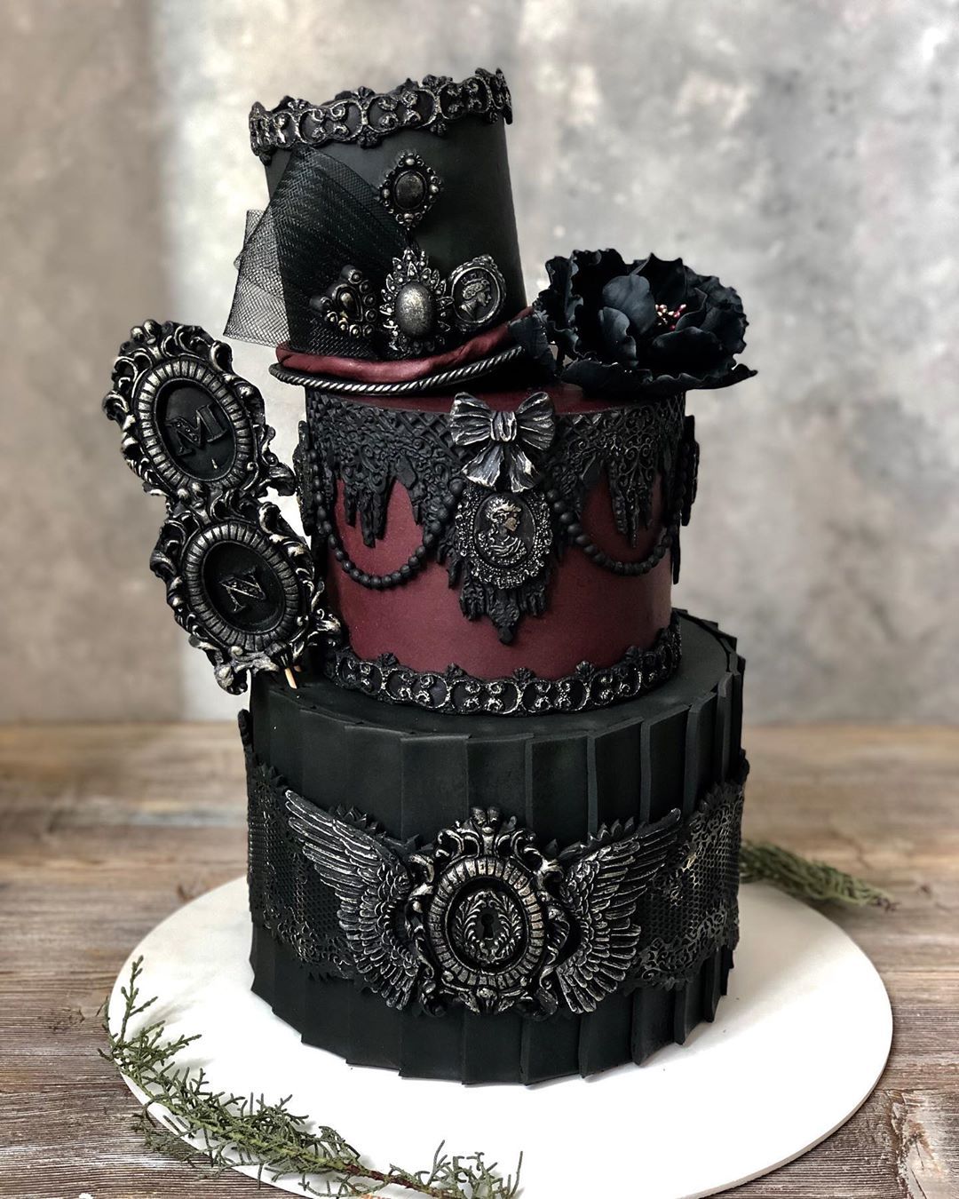 vintage victoria gothic black and deep purple wedding cake
