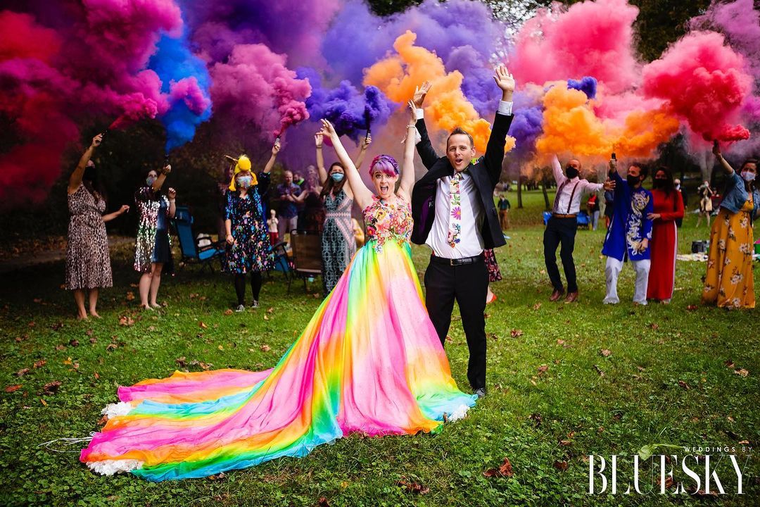watercolor rainbow aline wedding dress