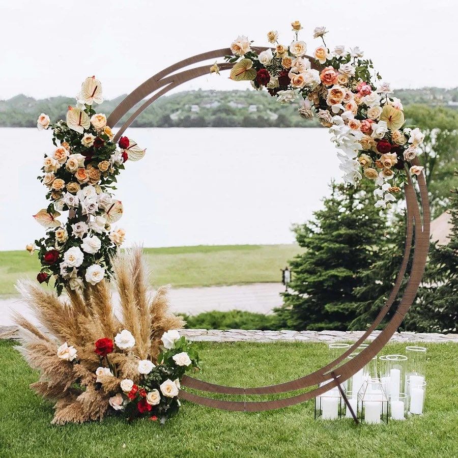 8ft round circle natural wooden stand flower rustic bohemian wedding arch with pampas grass