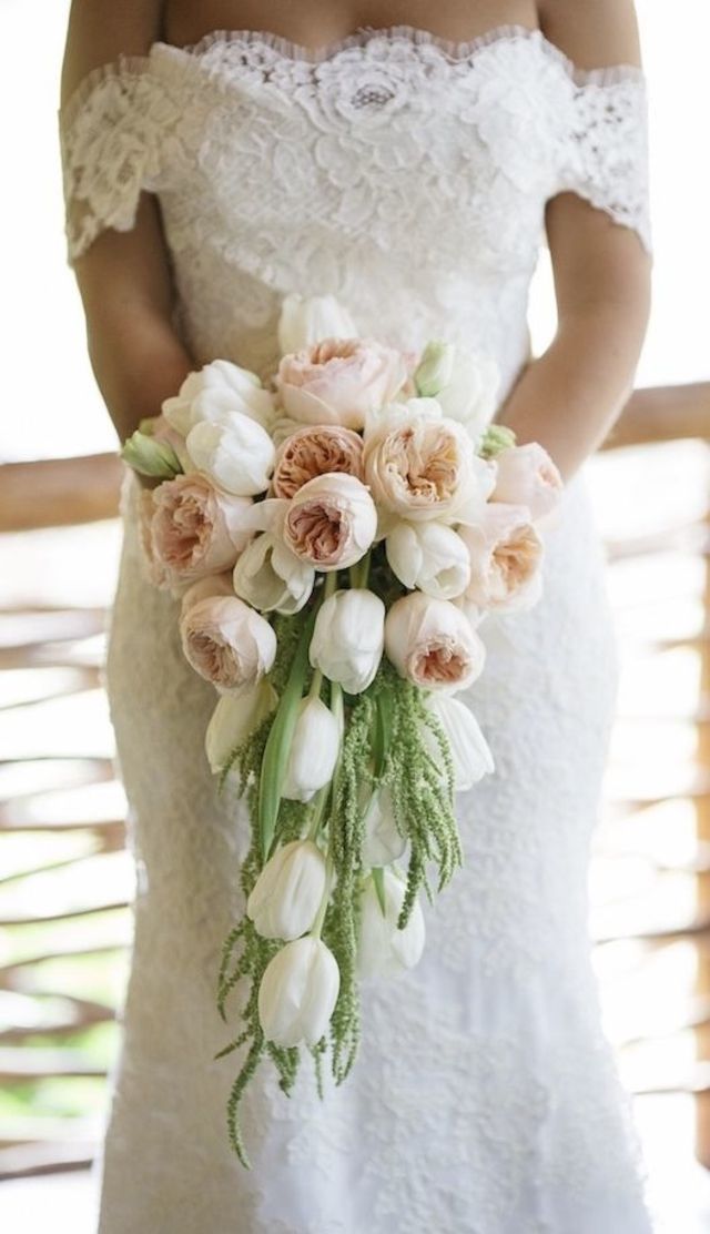 Blush Garden Roses and White Tulip Wedding Bouquet