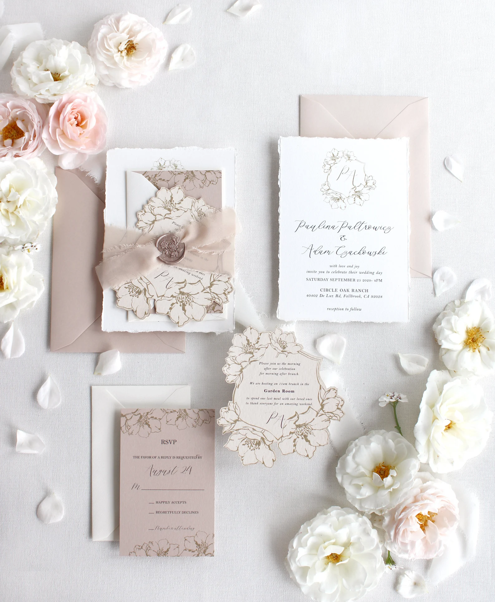 Deckled Edge Wedding Invitation with Floral Monogram Rose Floral