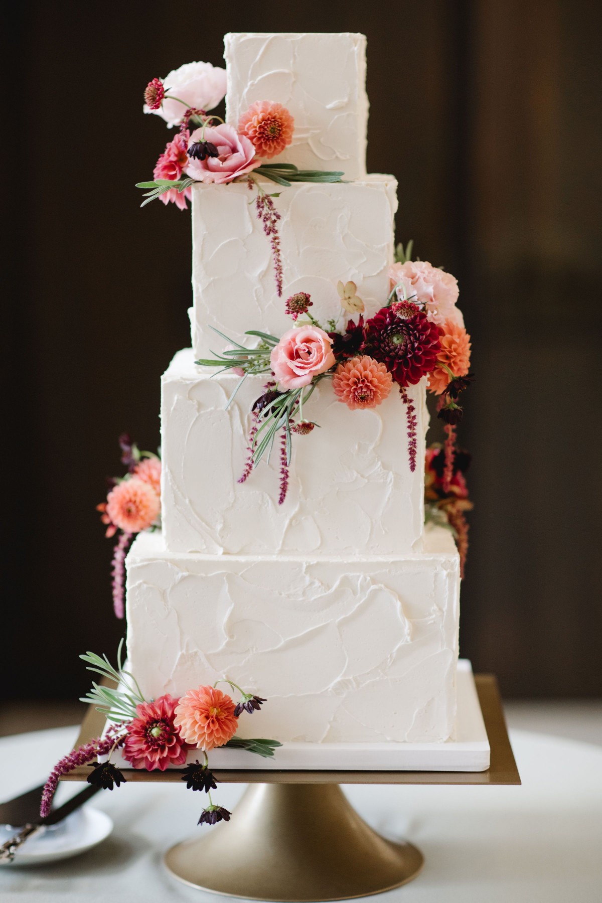 Fresh Flowers on a 4 Tier Square Wedding Cake
