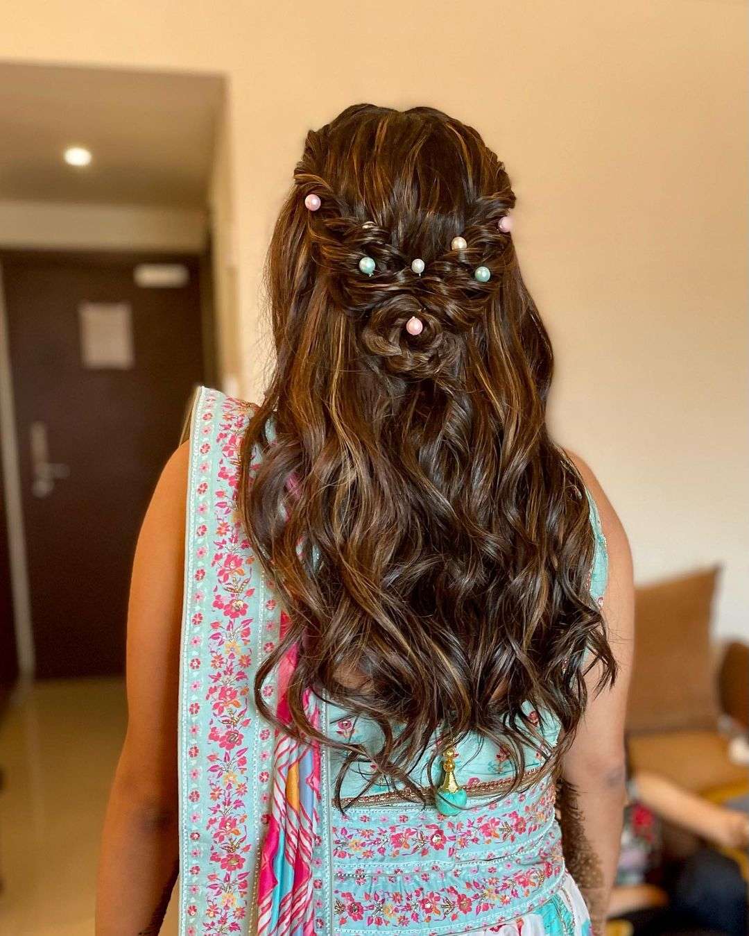 Minimal with Colorful pearl and waves indian wedding hairstyle via hairbypratiksha