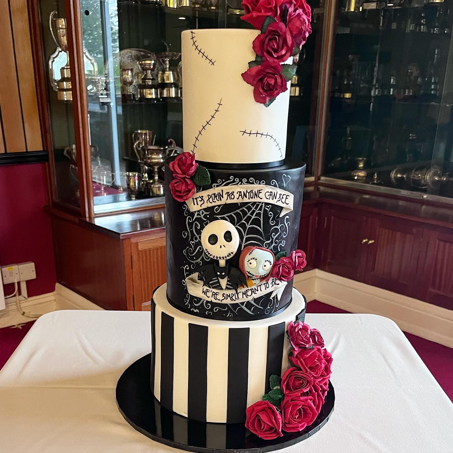 black and red halloween wedding cake via mccakeface