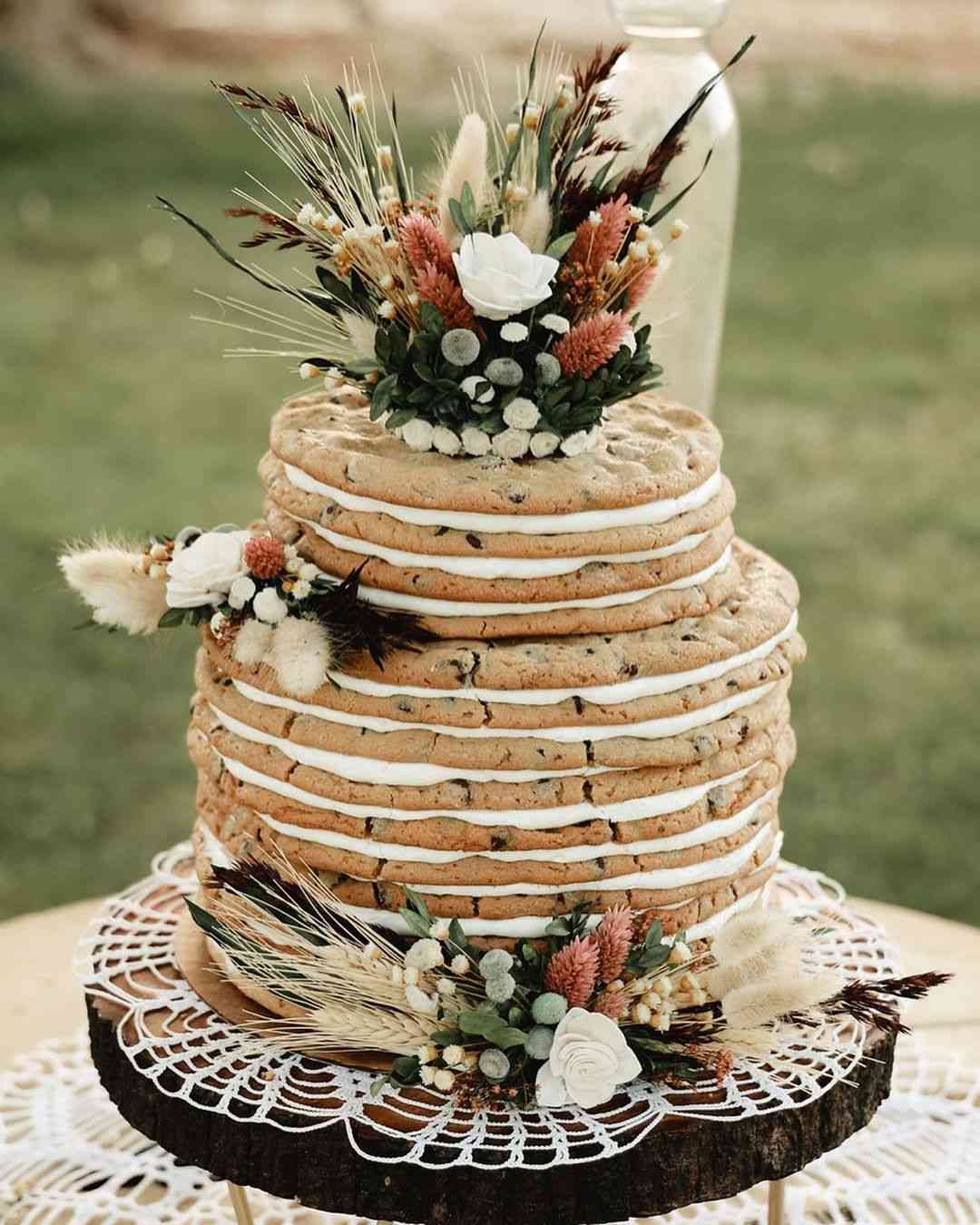 bohemian cookie wedding cake with dried flowers fall