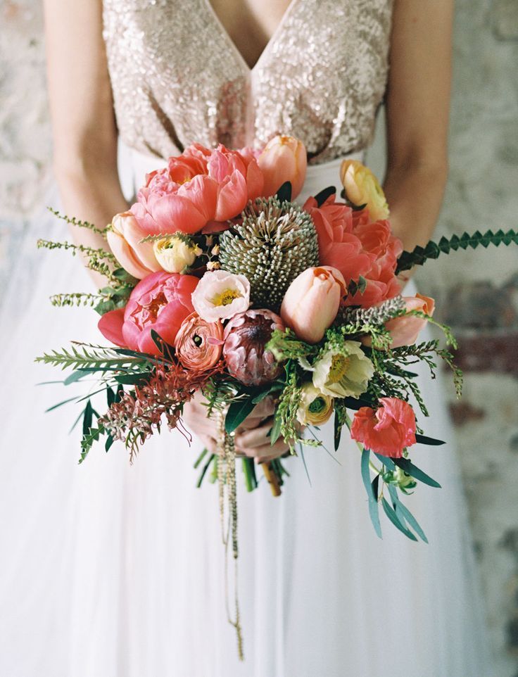 bohemian pink peony and tulip spring bridal bouquet